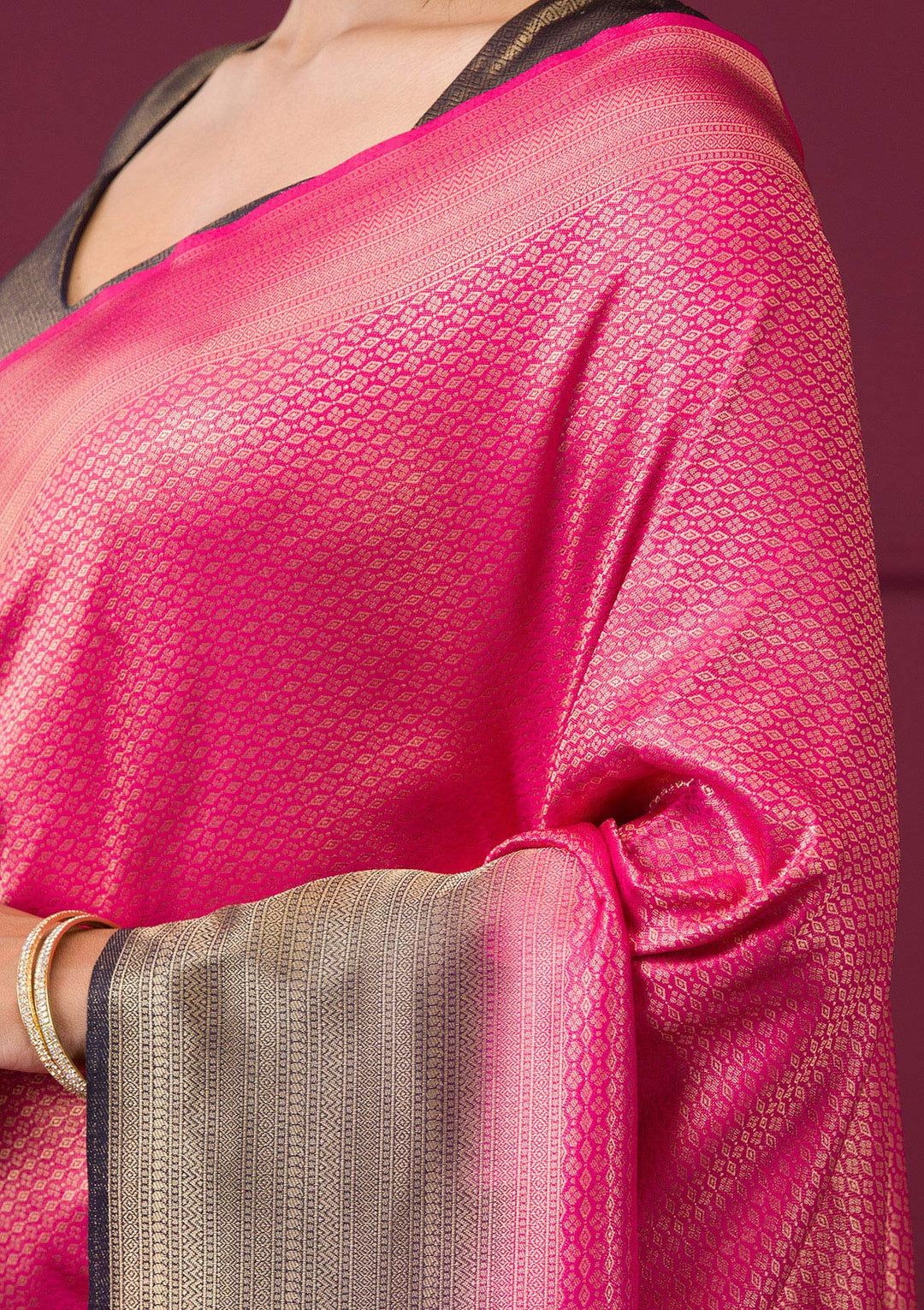 Rani Pink Silk Gold Zariwork Saree With Matching Blouse Piece