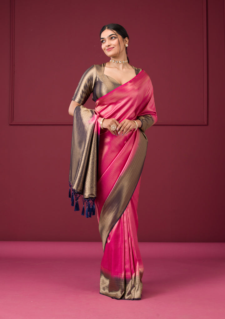 Rani Pink Silk Gold Zariwork Saree With Matching Blouse Piece