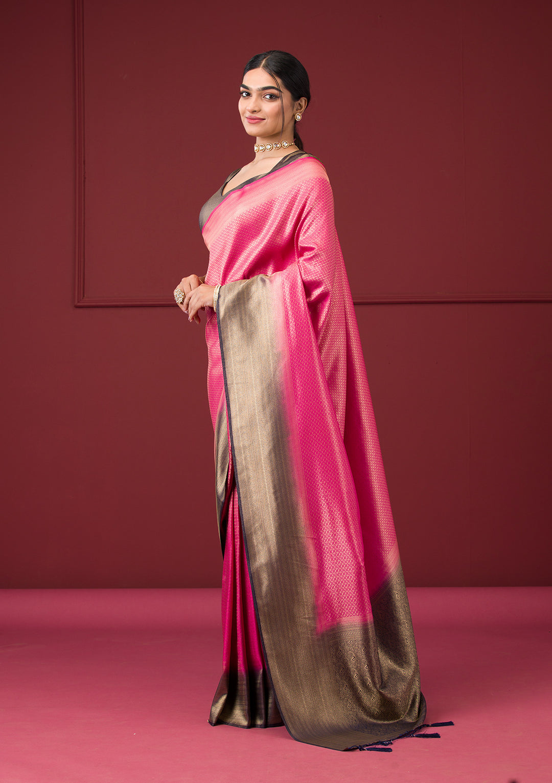 Rani Pink Silk Gold Zariwork Saree With Matching Blouse Piece
