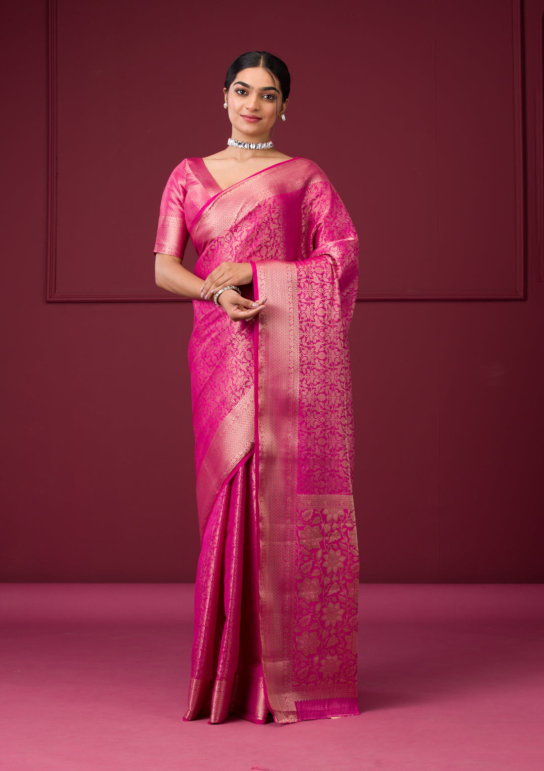 Rani Pink Silk Jaal Gold Zariwork Saree With Matching Blouse Piece