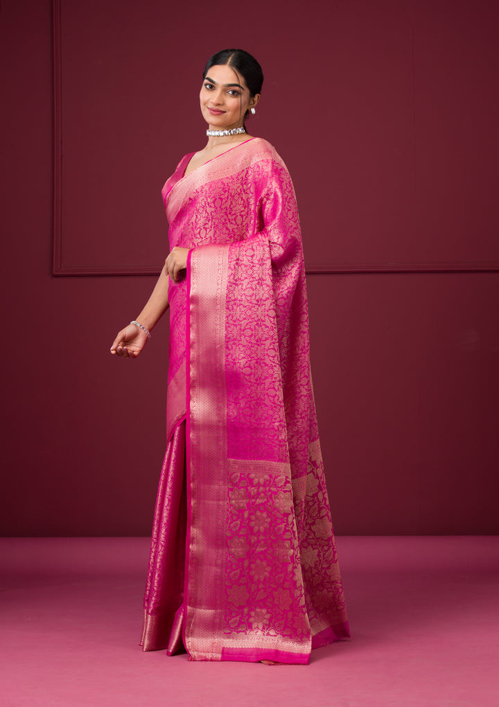 Rani Pink Silk Jaal Gold Zariwork Saree With Matching Blouse Piece