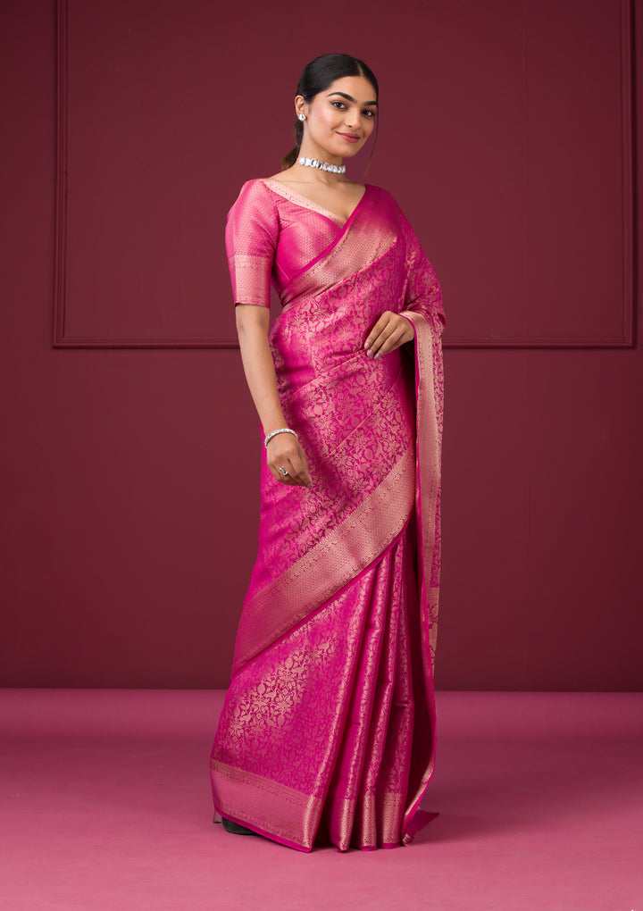 Rani Pink Silk Jaal Gold Zariwork Saree With Matching Blouse Piece
