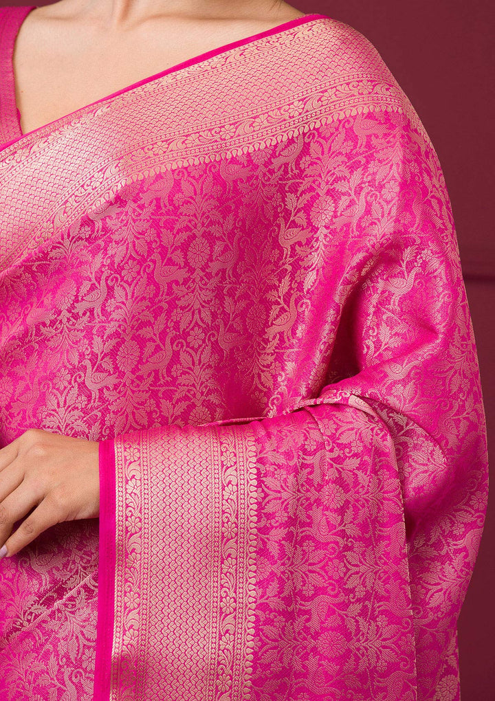 Rani Pink Silk Jaal Gold Zariwork Saree With Matching Blouse Piece