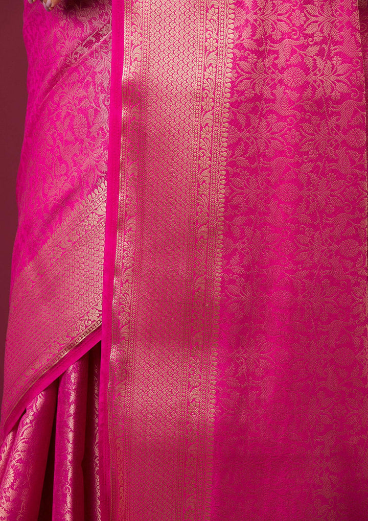 Rani Pink Silk Jaal Gold Zariwork Saree With Matching Blouse Piece