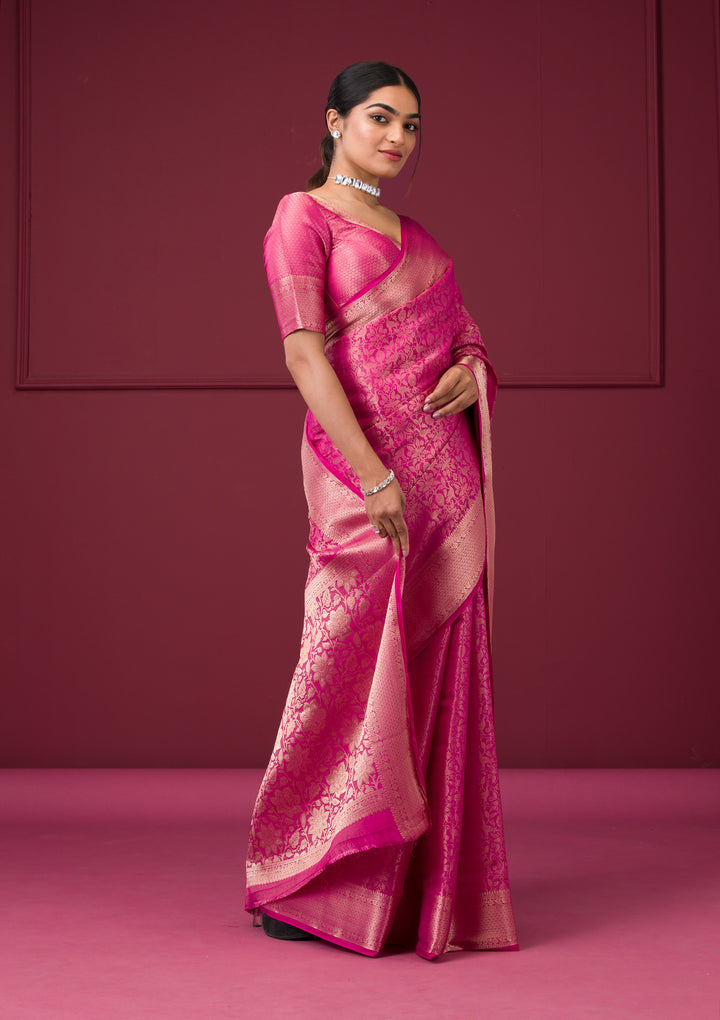 Rani Pink Silk Jaal Gold Zariwork Saree With Matching Blouse Piece