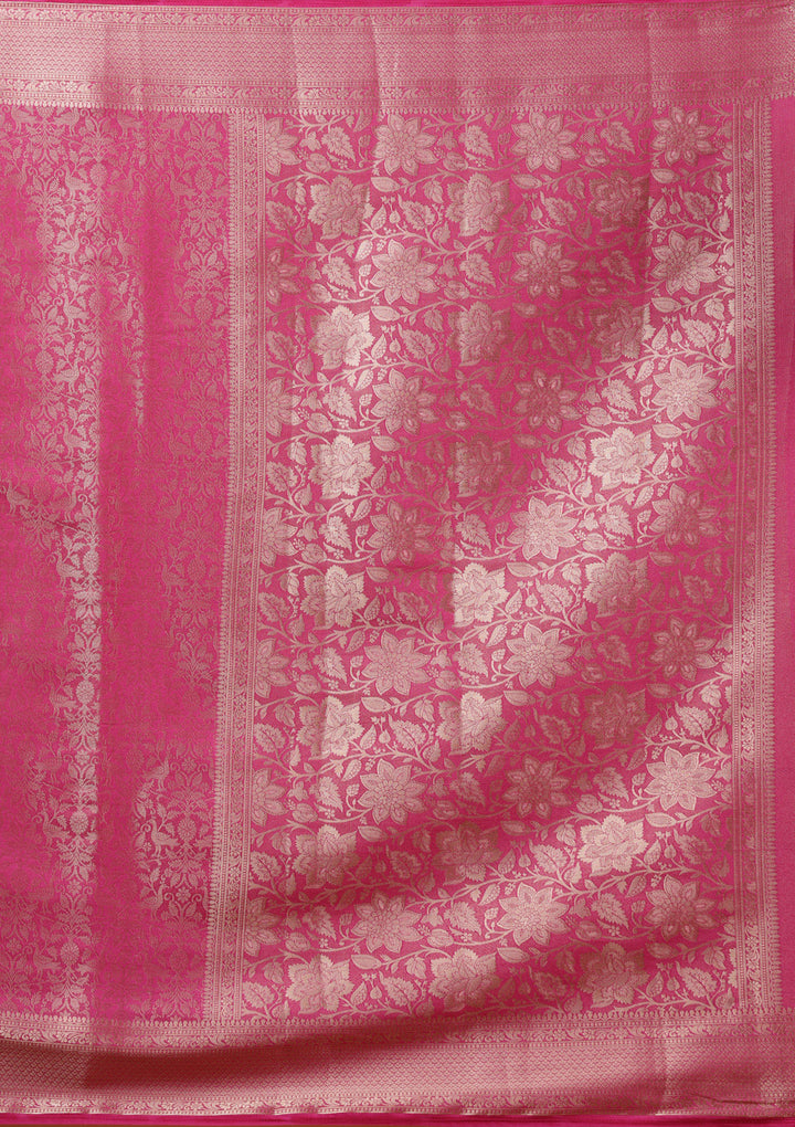 Rani Pink Silk Jaal Gold Zariwork Saree With Matching Blouse Piece