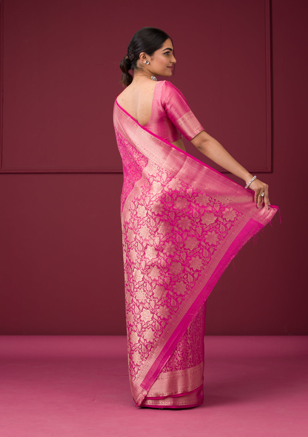 Rani Pink Silk Jaal Gold Zariwork Saree With Matching Blouse Piece