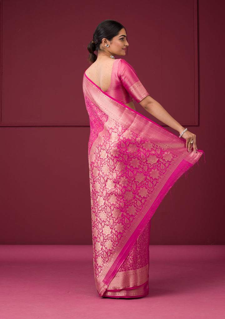 Rani Pink Silk Jaal Gold Zariwork Saree With Matching Blouse Piece