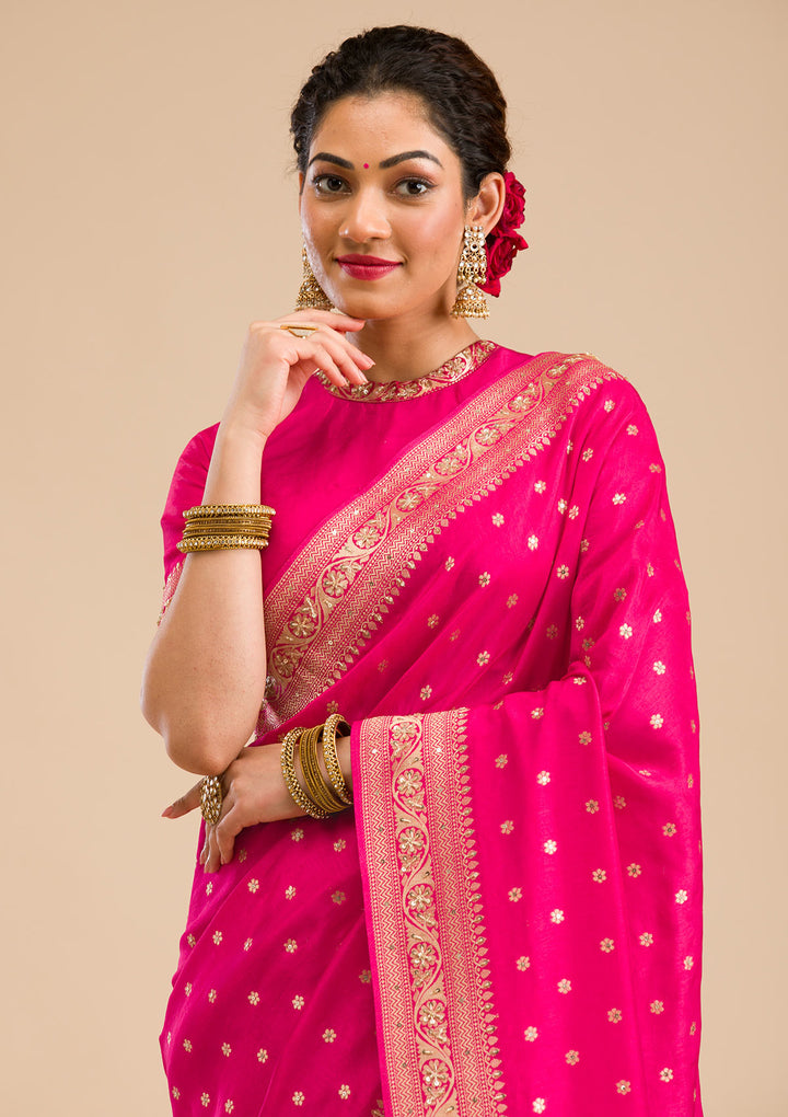 Rani Pink Zariwork Banarasi Silk Saree