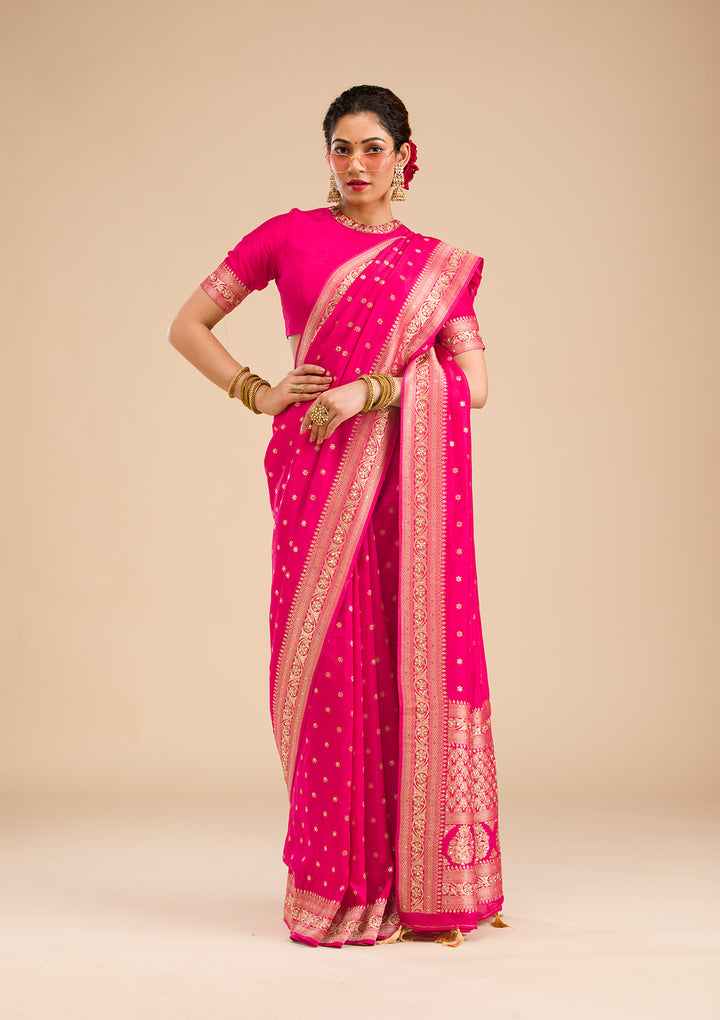 Rani Pink Zariwork Banarasi Silk Saree