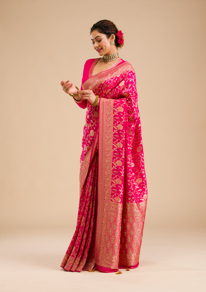 Rani Pink Zariwork Banarasi Silk Saree