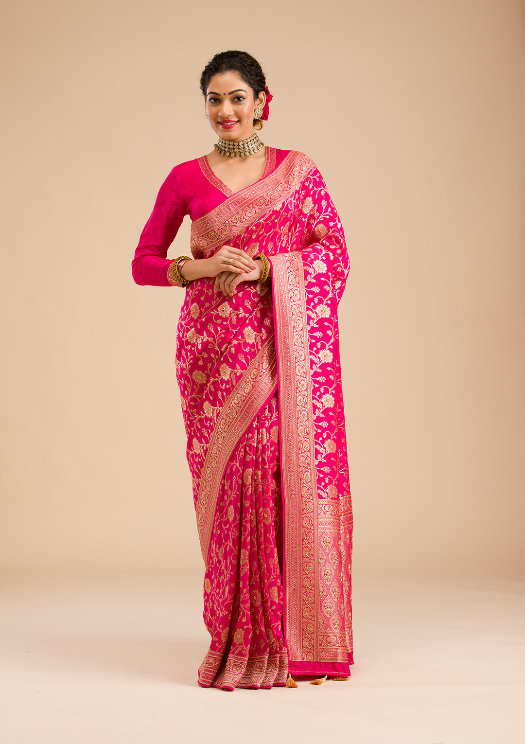 Rani Pink Zariwork Banarasi Silk Saree