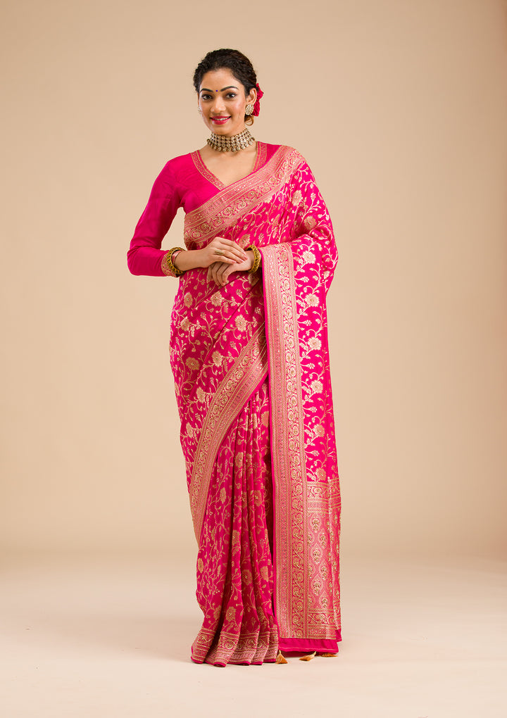 Rani Pink Zariwork Banarasi Silk Saree