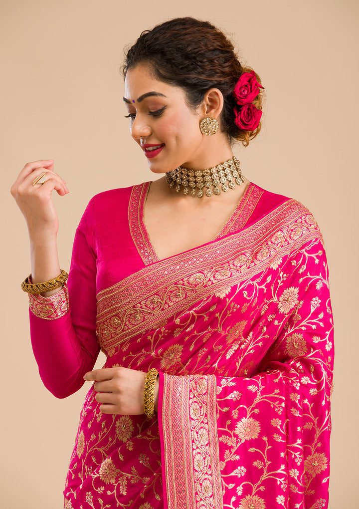 Rani Pink Zariwork Banarasi Silk Saree