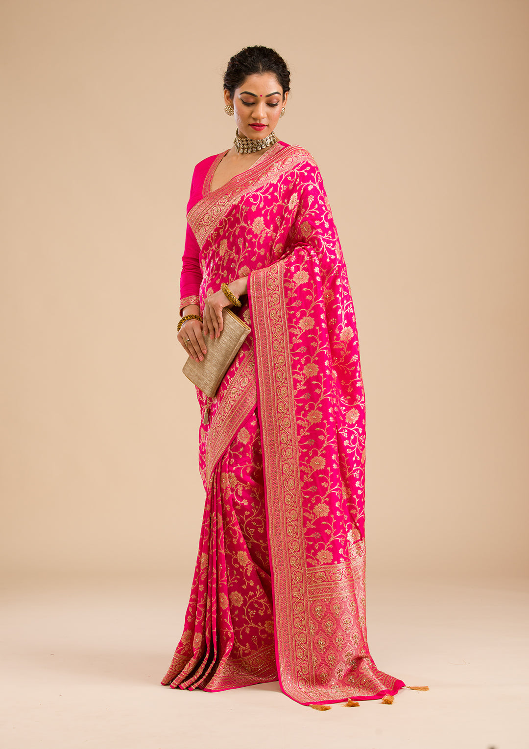 Rani Pink Zariwork Banarasi Silk Saree