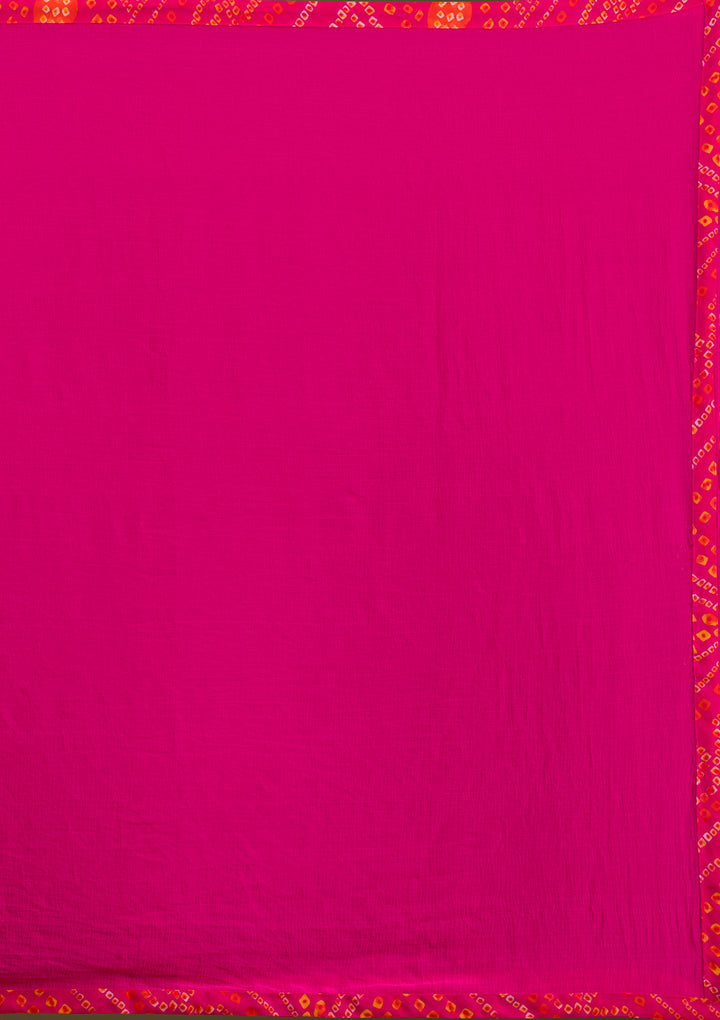 Rani Pink Crepe Bandhej Gold Zardozi Anarkali Kurta With Bottom And Dupatta