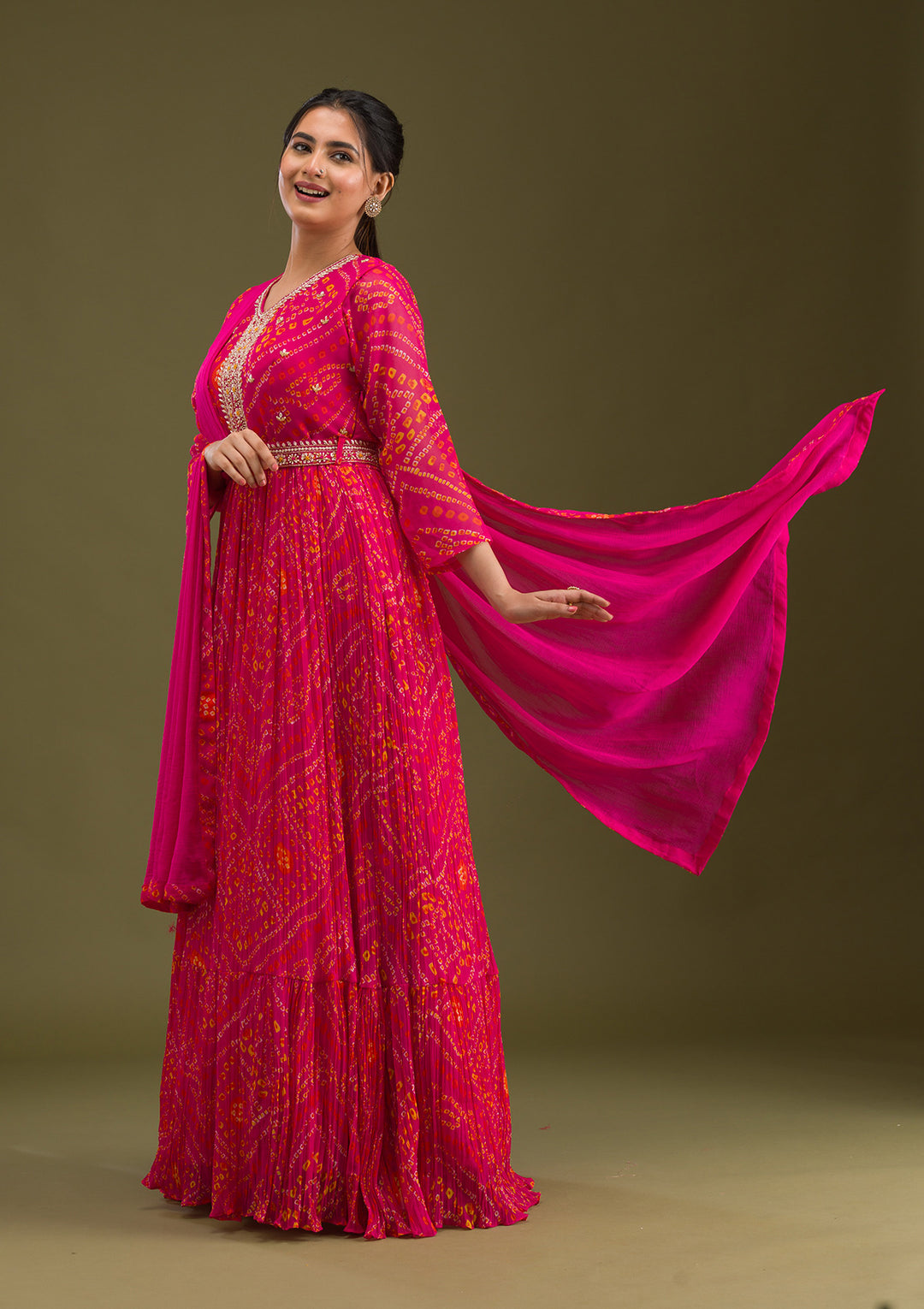 Rani Pink Crepe Bandhej Gold Zardozi Anarkali Kurta With Bottom And Dupatta