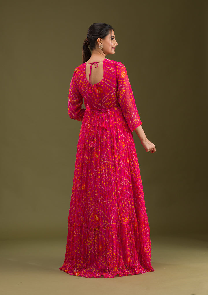 Rani Pink Crepe Bandhej Gold Zardozi Anarkali Kurta With Bottom And Dupatta