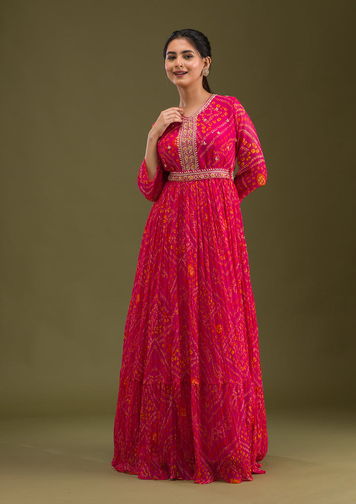 Rani Pink Crepe Bandhej Gold Zardozi Anarkali Kurta With Bottom And Dupatta