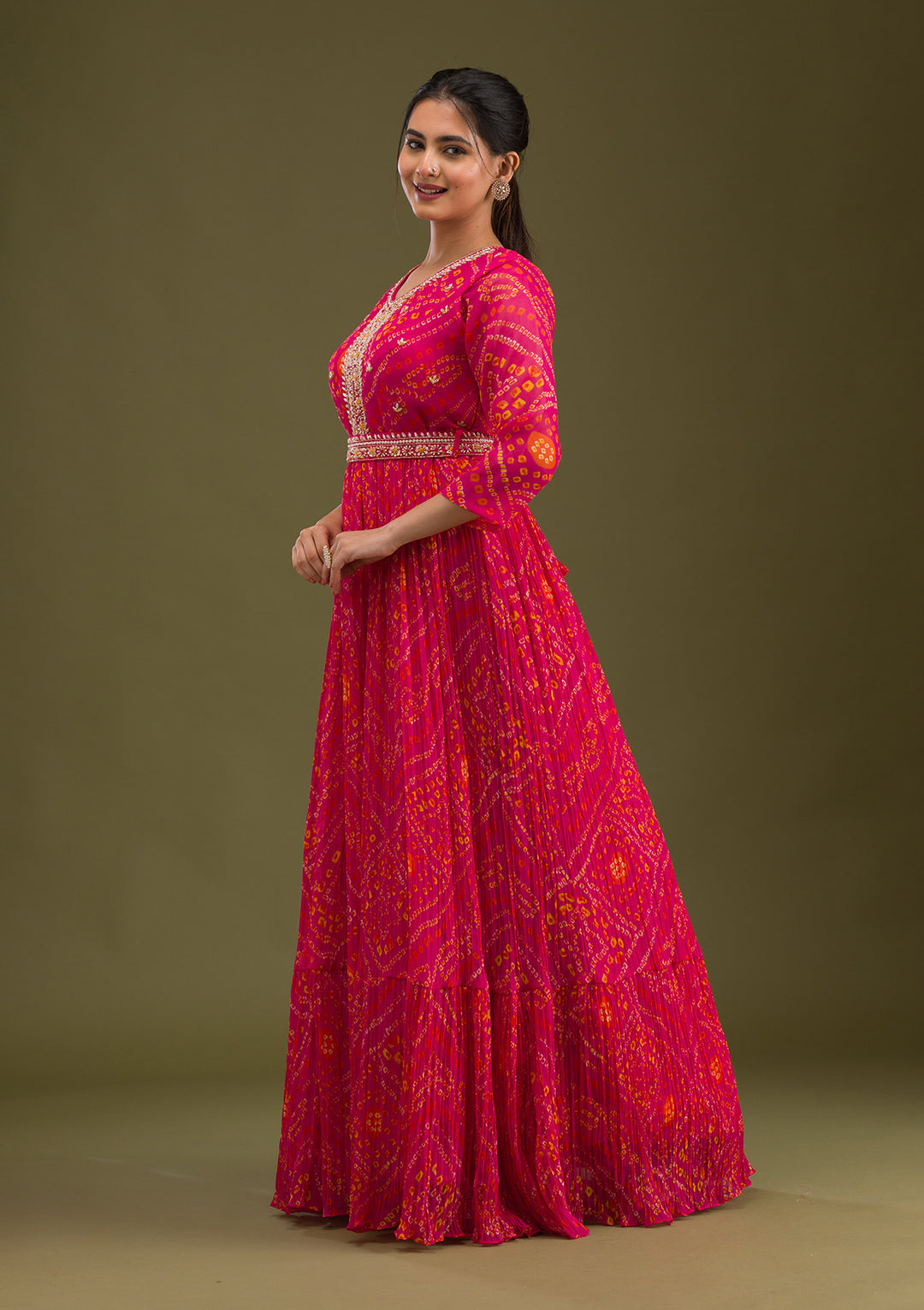 Rani Pink Crepe Bandhej Gold Zardozi Anarkali Kurta With Bottom And Dupatta