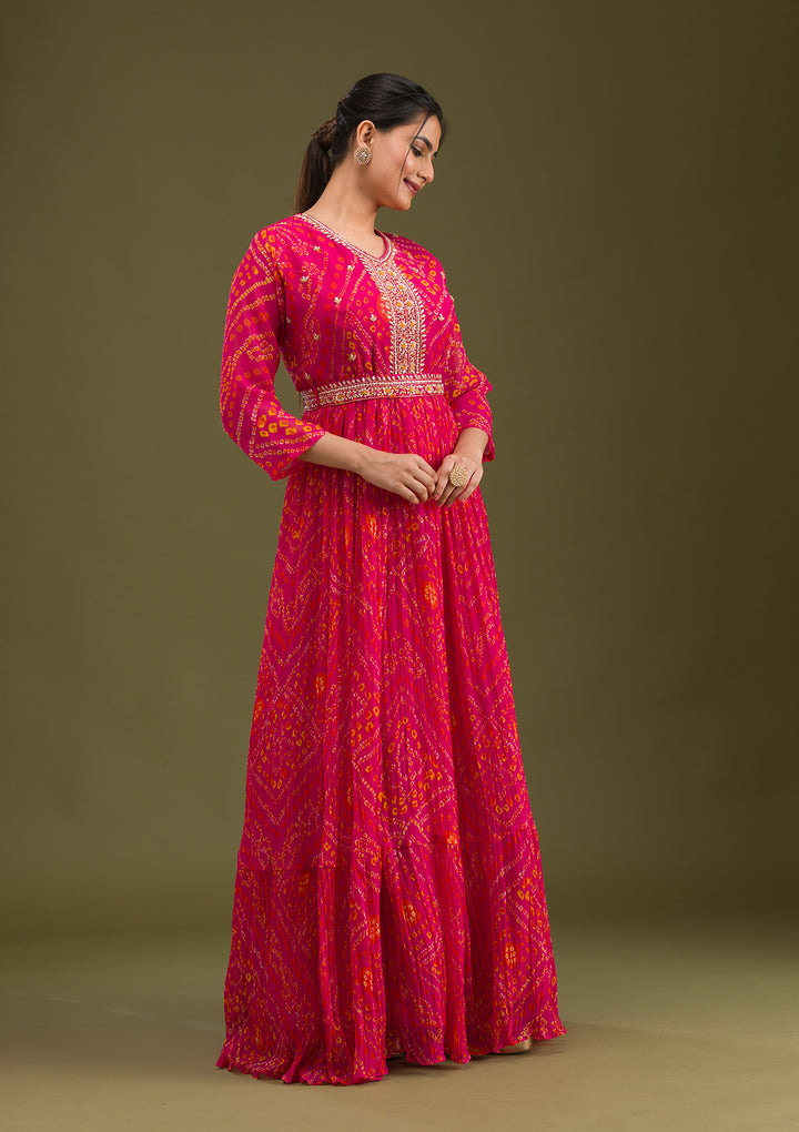 Rani Pink Crepe Bandhej Gold Zardozi Anarkali Kurta With Bottom And Dupatta