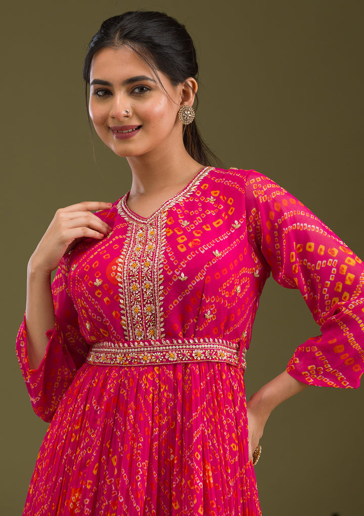 Rani Pink Crepe Bandhej Gold Zardozi Anarkali Kurta With Bottom And Dupatta