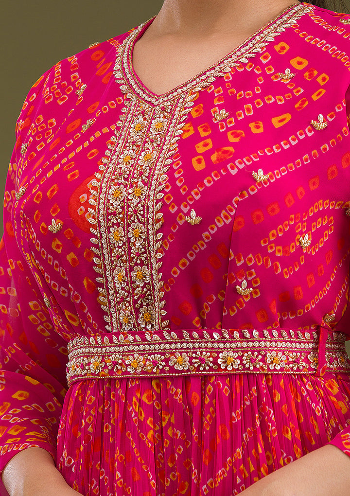Rani Pink Crepe Bandhej Gold Zardozi Anarkali Kurta With Bottom And Dupatta