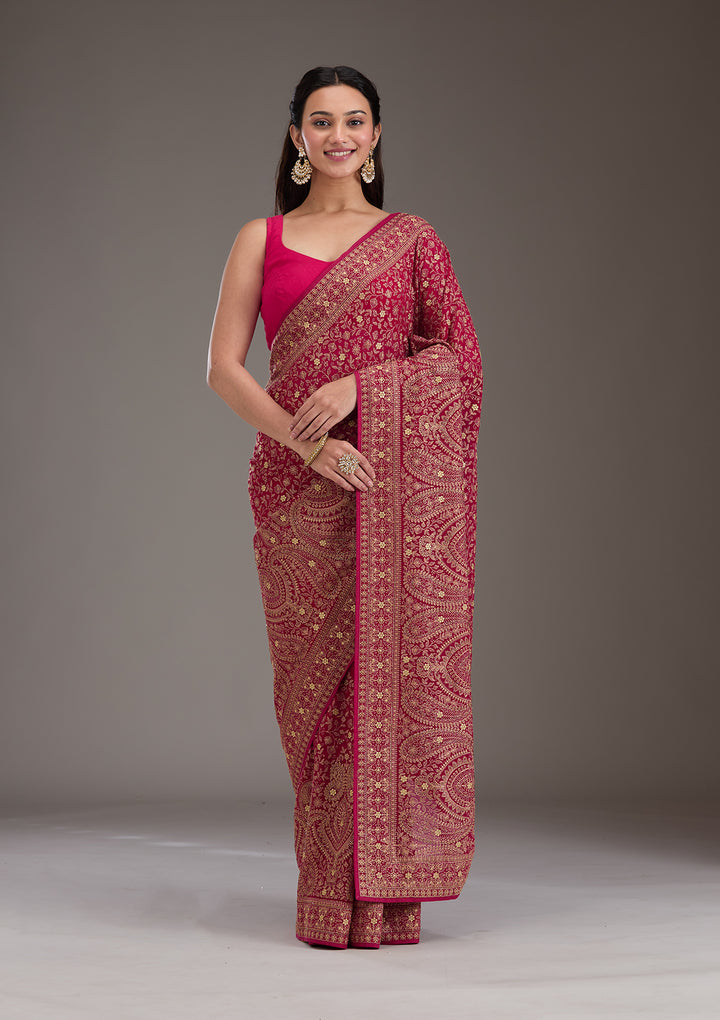 Rani Pink Georgette Kashmiri Saree With Matching Blouse Piece