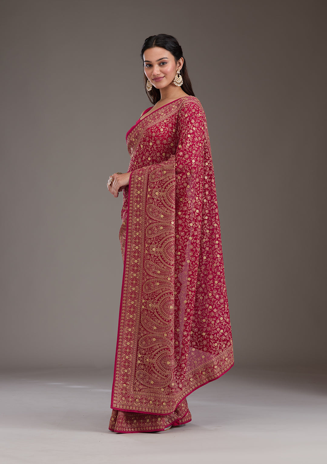 Rani Pink Georgette Kashmiri Saree With Matching Blouse Piece