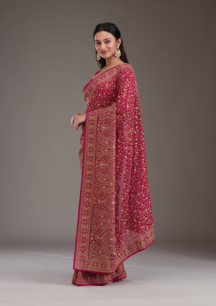 Rani Pink Georgette Kashmiri Saree With Matching Blouse Piece