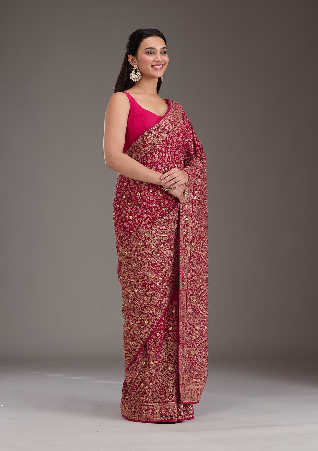 Rani Pink Georgette Kashmiri Saree With Matching Blouse Piece