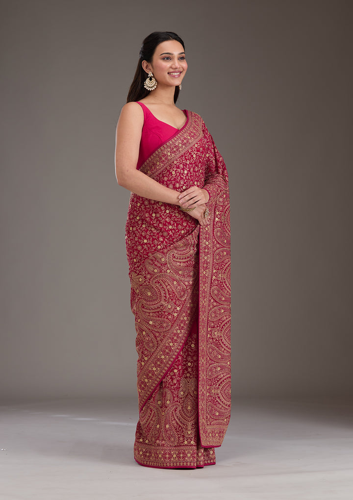 Rani Pink Georgette Kashmiri Saree With Matching Blouse Piece