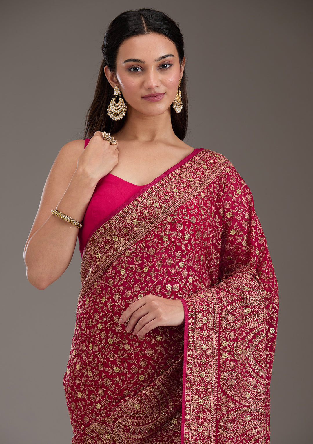 Rani Pink Georgette Kashmiri Saree With Matching Blouse Piece