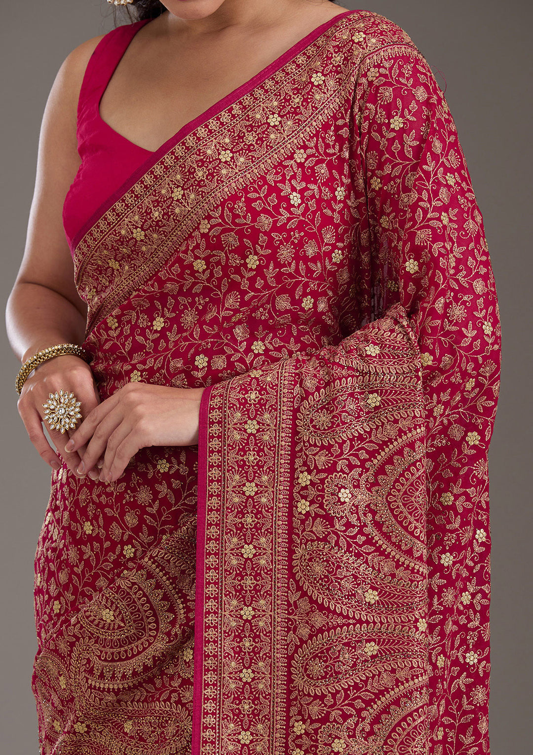 Rani Pink Georgette Kashmiri Saree With Matching Blouse Piece