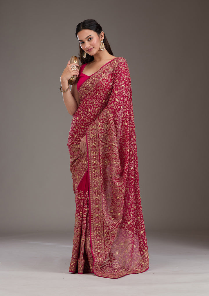 Rani Pink Georgette Kashmiri Saree With Matching Blouse Piece