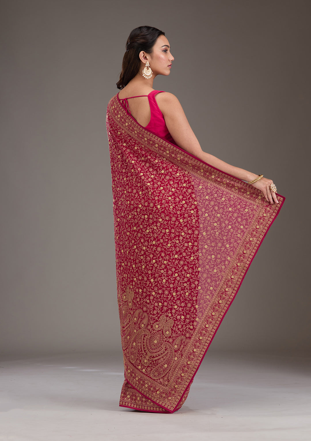 Rani Pink Georgette Kashmiri Saree With Matching Blouse Piece