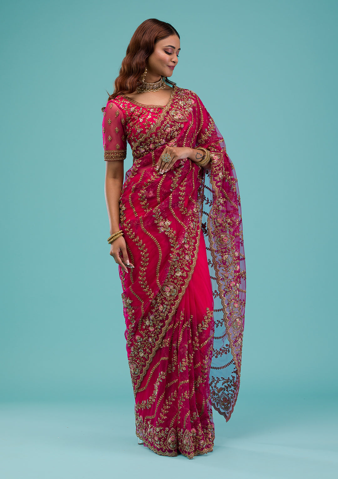 Rani Pink Zariwork Net Saree
