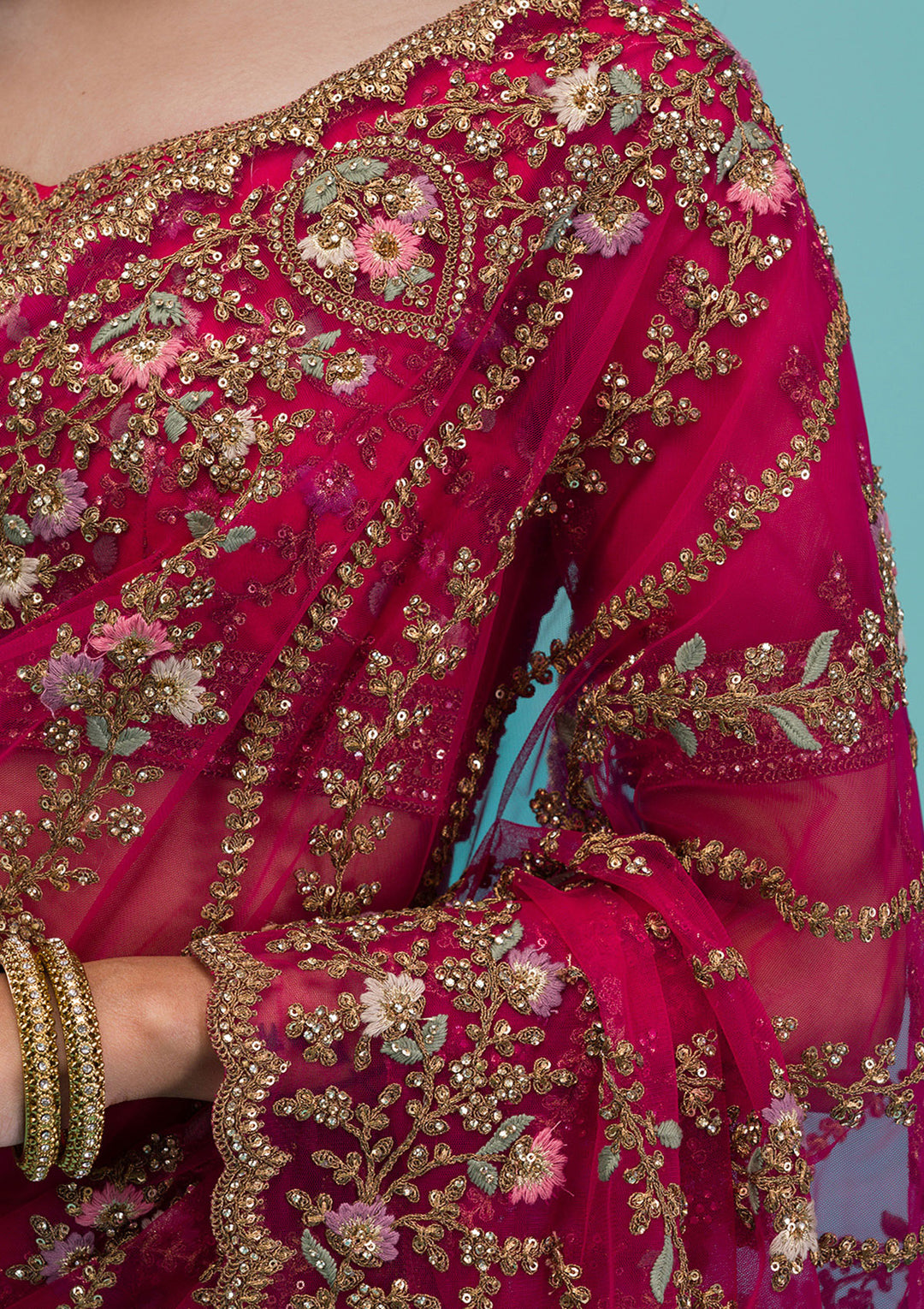 Rani Pink Zariwork Net Saree