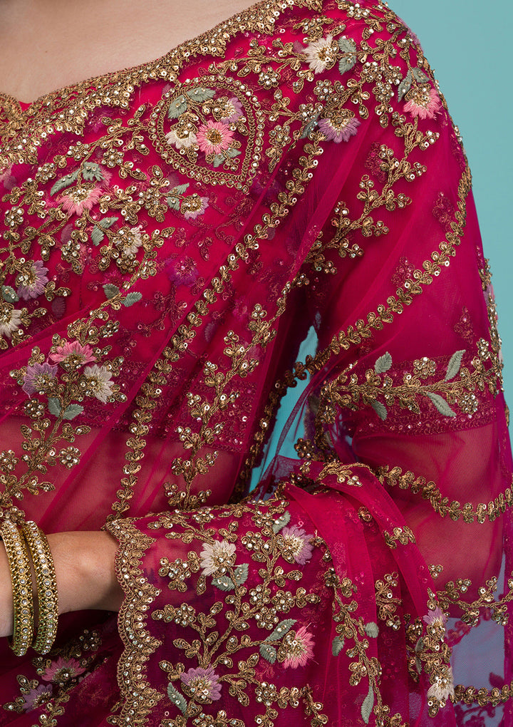 Rani Pink Zariwork Net Saree