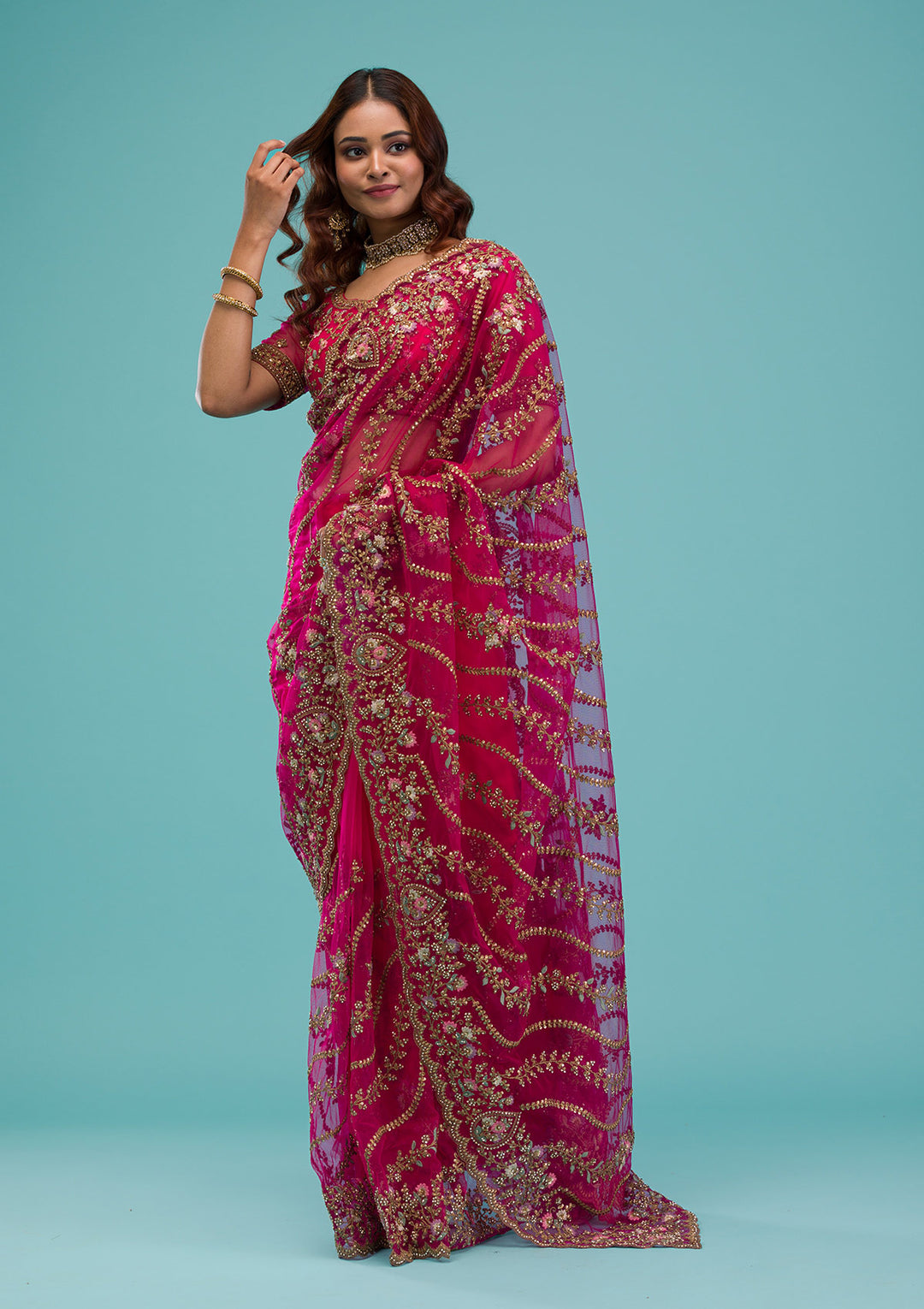 Rani Pink Zariwork Net Saree