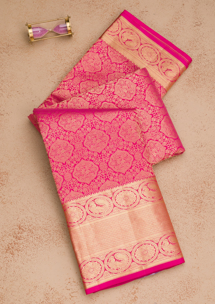 Rani Pink Silk Jaal Gold Zariwork Saree With Matching Blouse Piece