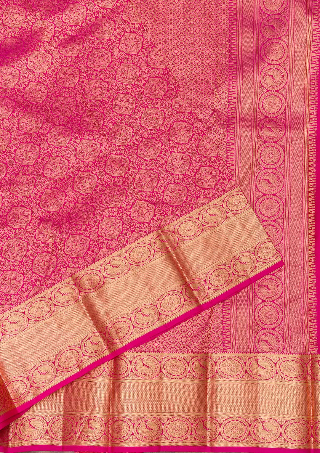 Rani Pink Silk Jaal Gold Zariwork Saree With Matching Blouse Piece