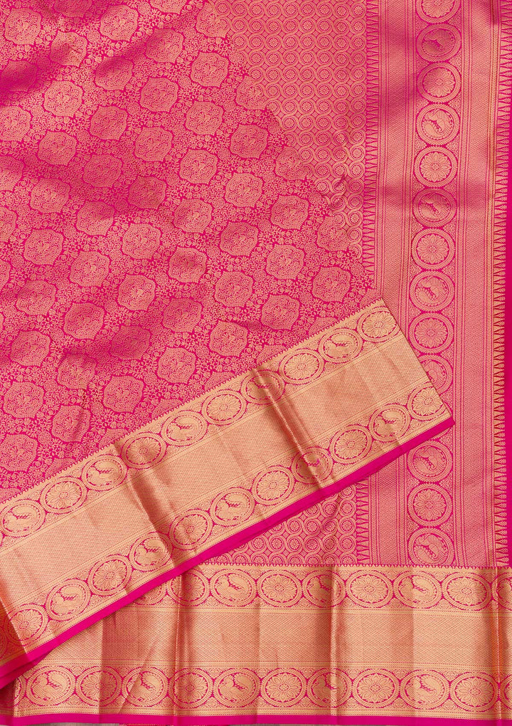 Rani Pink Silk Jaal Gold Zariwork Saree With Matching Blouse Piece
