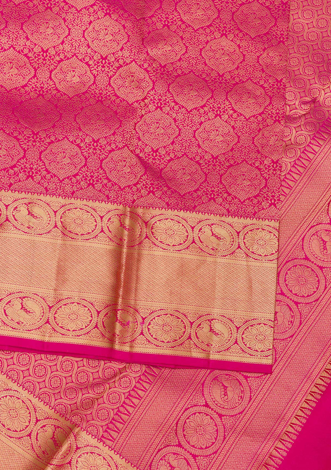 Rani Pink Silk Jaal Gold Zariwork Saree With Matching Blouse Piece