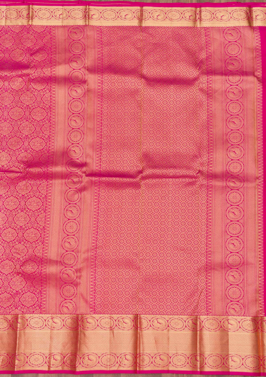 Rani Pink Silk Jaal Gold Zariwork Saree With Matching Blouse Piece