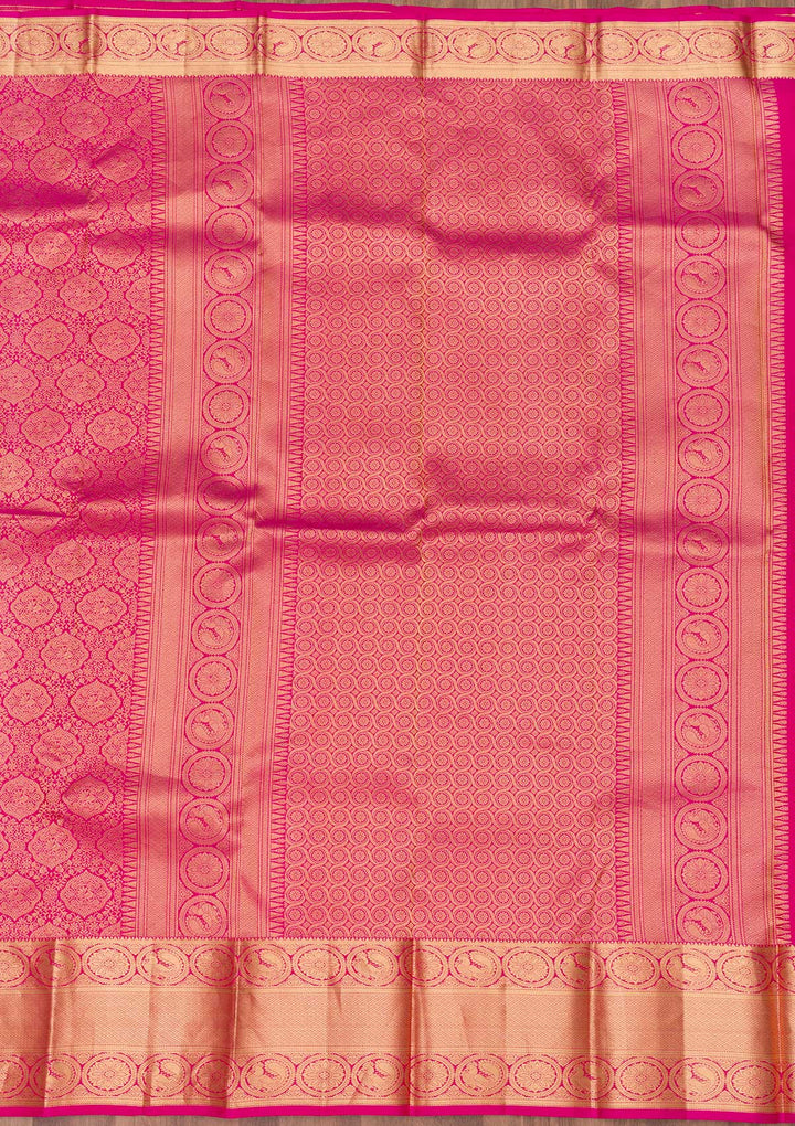Rani Pink Silk Jaal Gold Zariwork Saree With Matching Blouse Piece