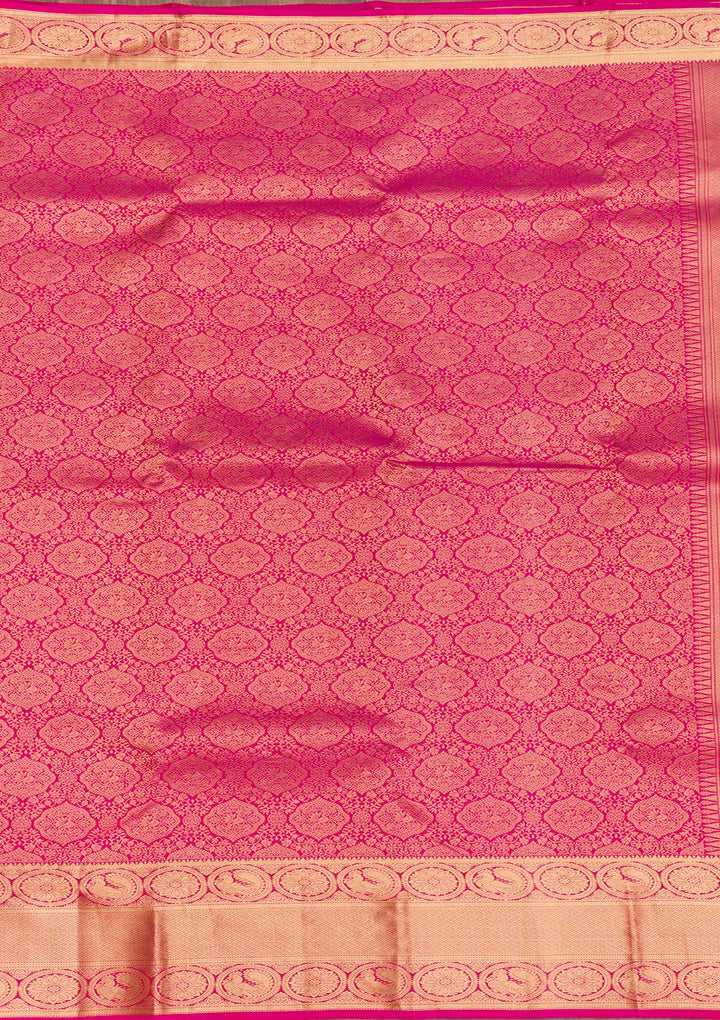 Rani Pink Silk Jaal Gold Zariwork Saree With Matching Blouse Piece