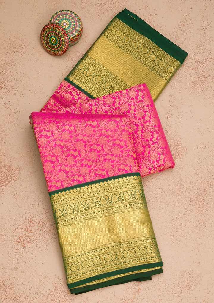 Rani Pink Silk Jaal Gold Zariwork Saree With Matching Blouse Piece