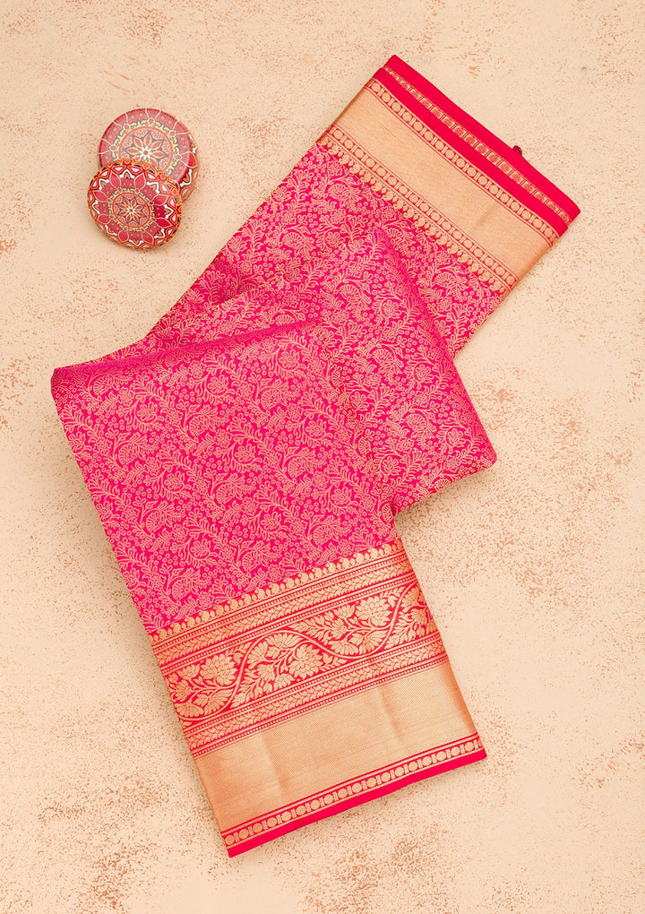 Rani Pink Silk Jaal Gold Zariwork Saree With Matching Blouse Piece