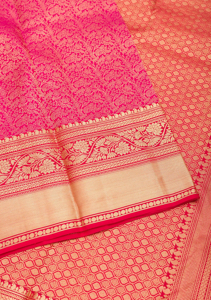 Rani Pink Silk Jaal Gold Zariwork Saree With Matching Blouse Piece